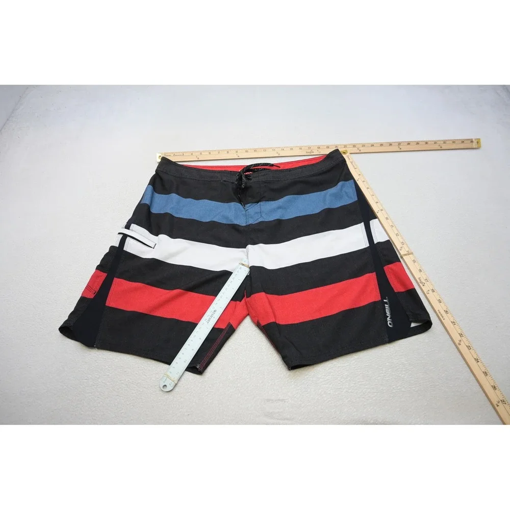 O'Neill Superfreak Board Shorts Men 40 Black Striped Stretch Surfing Excellent